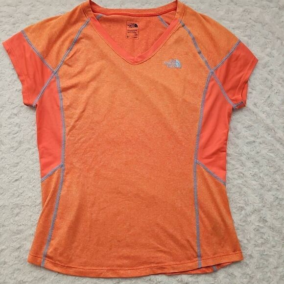 North Face Flash Dry Athletic V Neck Orange Short Sleeve Top Womens Size Large - Picture 1 of 7